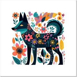 colorful wolf with flowers Posters and Art